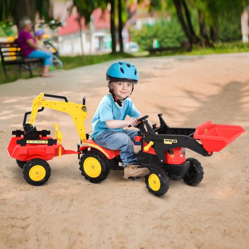 Homcom - Tracteur à pédales tractopelle double avec remorque pelle et  rateau jeu de plein air enfants 3 à 6 ans rouge noir