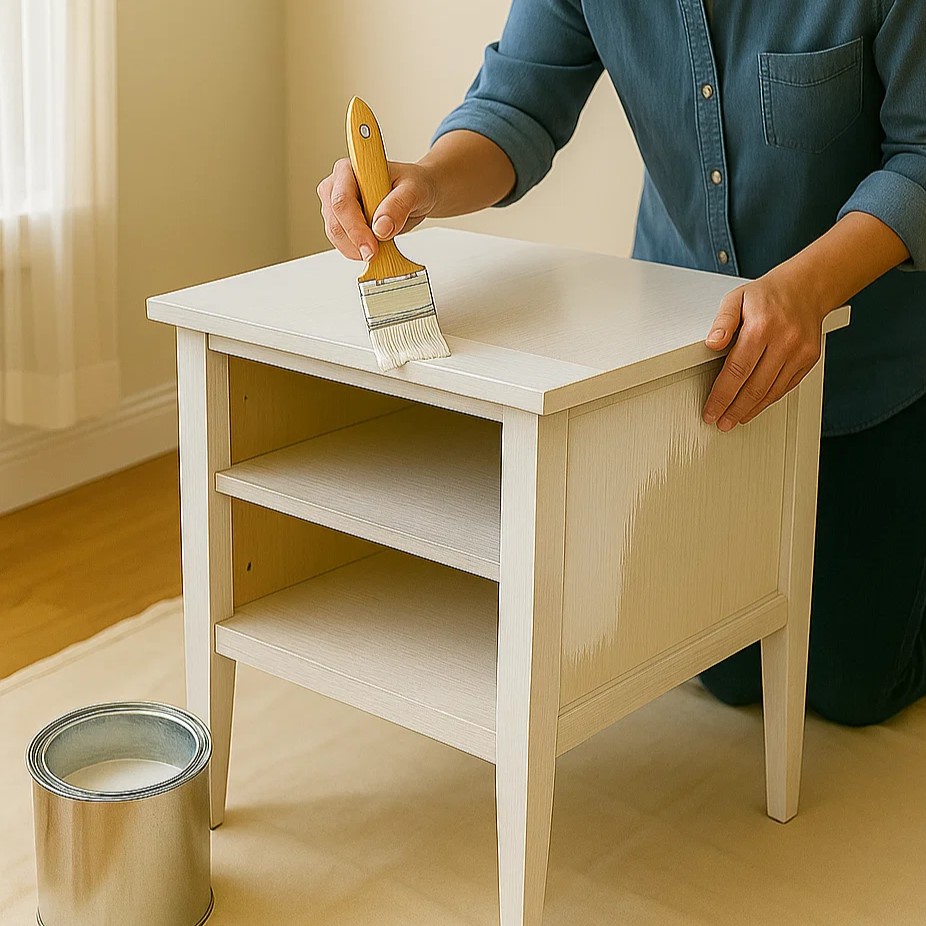 Personne appliquant une sous-couche blanche au pinceau sur une table de chevet avant de la peindre pour une finition lisse.